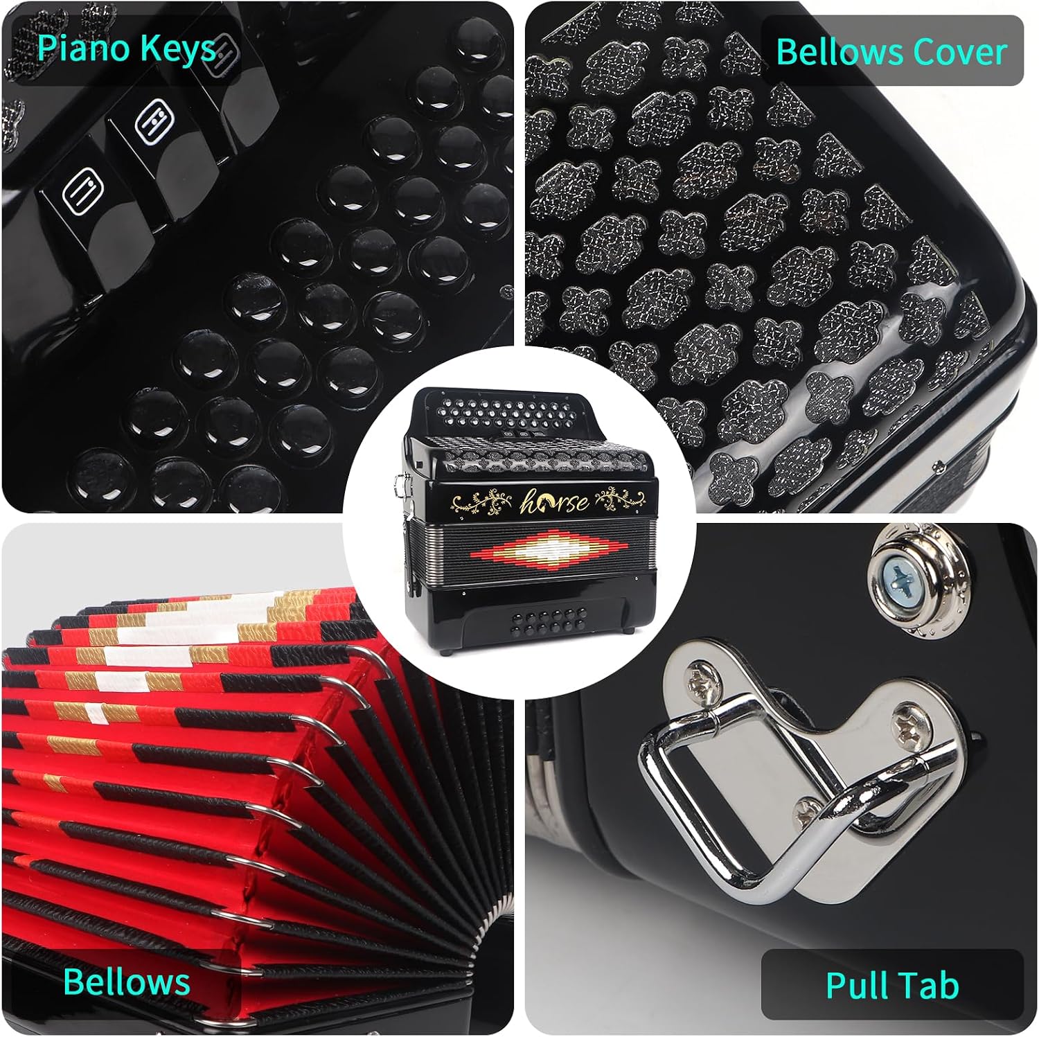 Horse 34 Key Accordion,12 Bass 3-Row G/C/F Diatonic Accordions Instruments for Adults with Luxury Backpack and Straps, 34 Buttons Button Acordeón Acordeones Para Adultos For Beginners to Professionals
