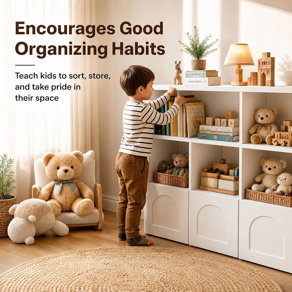 knoworld Toy Storage Organizer,Kid Bookshelf with 5 Cubbies+3 Roll Out Drawers with 360° Wheels, 15mm Thick Wooden Toy Box, Gift-Ready for Kid, Playroom Daycare Living Room, White (39' W)