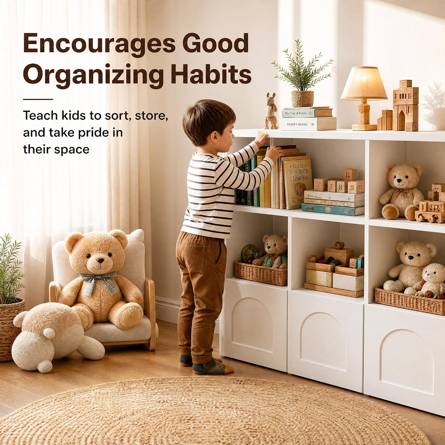 knoworld Toy Storage Organizer,Kid Bookshelf with 5 Cubbies+3 Roll Out Drawers with 360° Wheels, 15mm Thick Wooden Toy Box, Gift-Ready for Kid, Playroom Daycare Living Room, White (39' W)