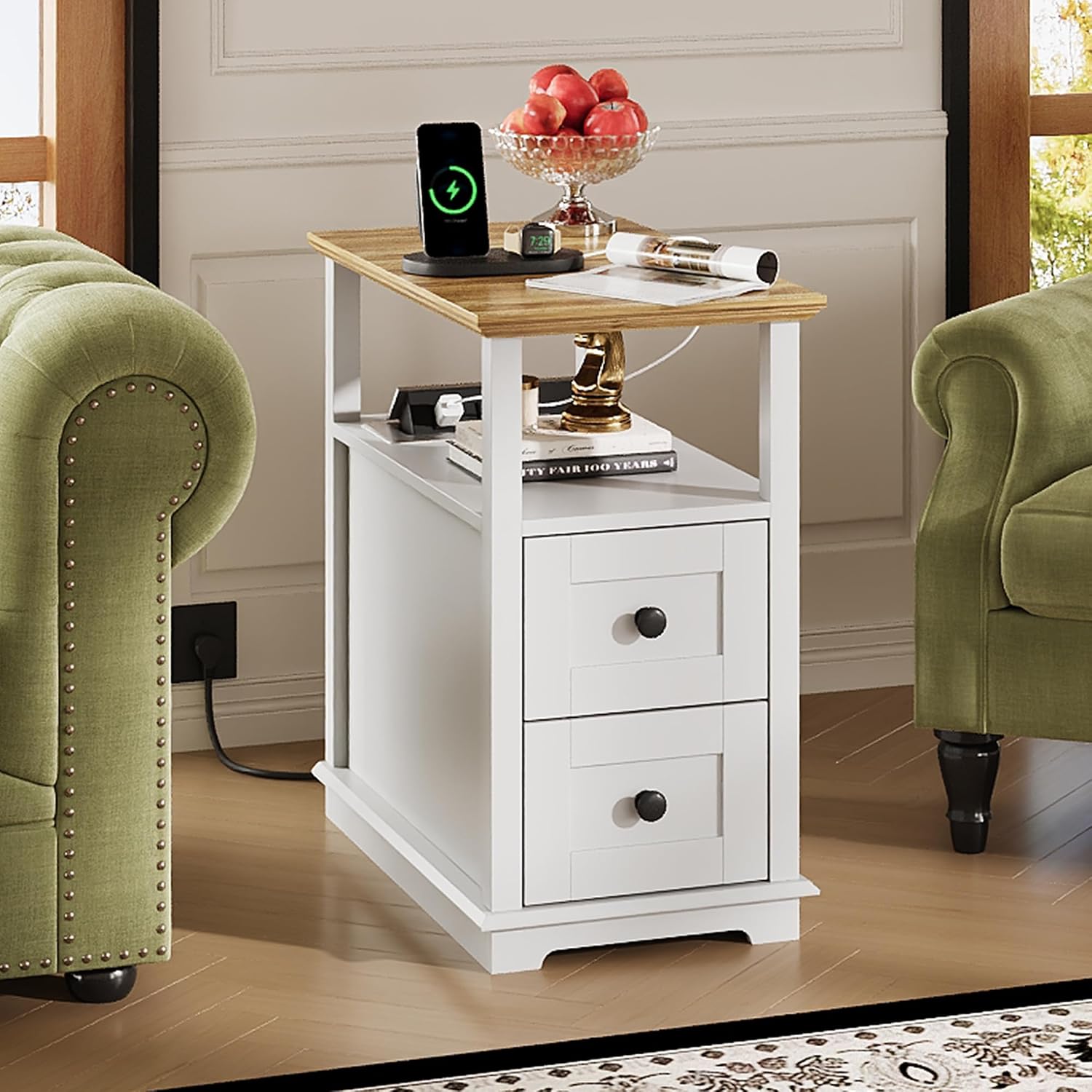 WLIVE End Table with Charging Station, Narrow Side Table for Living Room, Farmhouse Nightstand with Storage, Small Wooden Cabinet with USB Ports and Outlets for Living Room and Bedroom, White