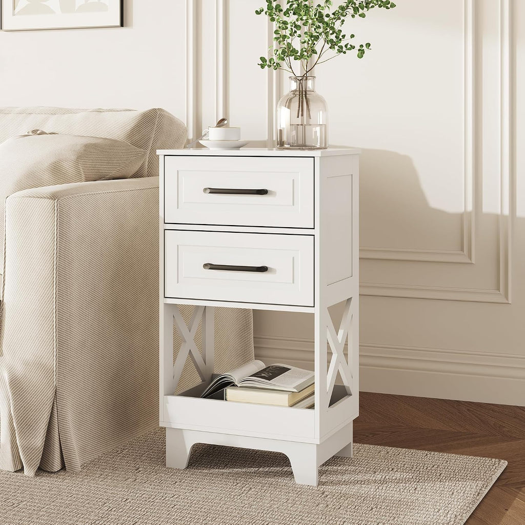 Tall Nightstand Set of 2 Side Table with 2 Drawers Modern Night Stand Wooden End Table Bedside Table with Below Open Shelf Solid Feet for Bedroom White