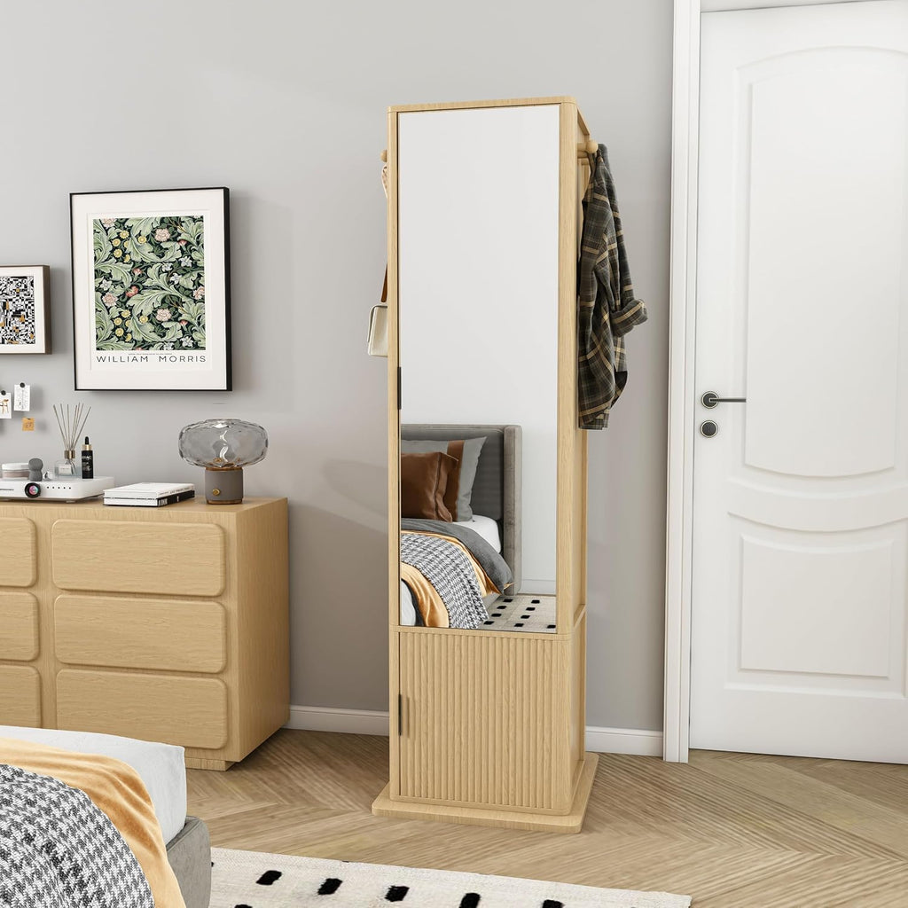 360° Rotating Makeup Cabinet Walnut, Jewelry Cabinet with Full-Length Mirror, Standing Storage Cabinet with Coat Rack, 4 Open & 2 Built-in Shelves for Bedroom Bathroom