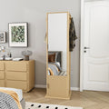 360° Rotating Makeup Cabinet Walnut, Jewelry Cabinet with Full-Length Mirror, Standing Storage Cabinet with Coat Rack, 4 Open & 2 Built-in Shelves for Bedroom Bathroom