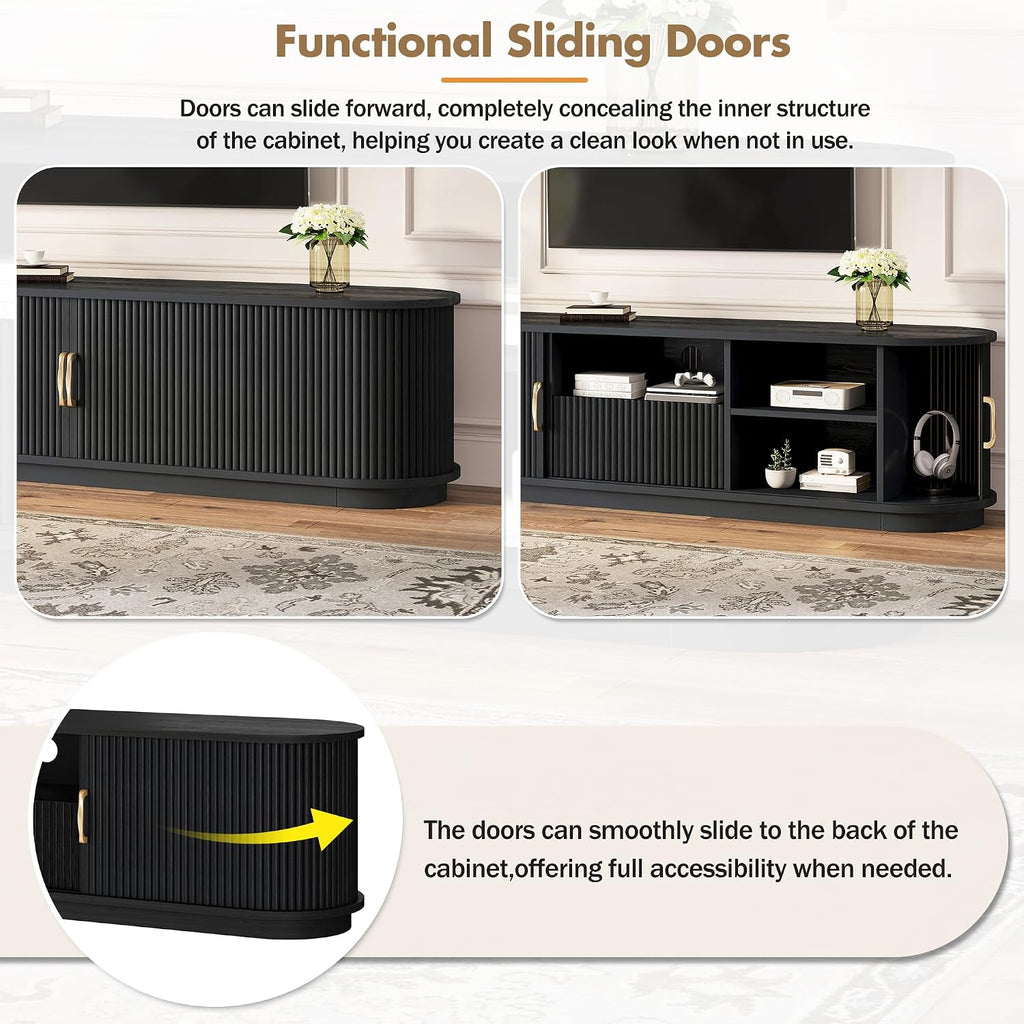 SOFTSEA 66.9' Fluted TV Stand for 75'+ TV, Farmhouse Media Console with Storage Drawer, Sliding Tambour Doors & Rounded Edges, Rustic Entertainment Center for Living Room, Black