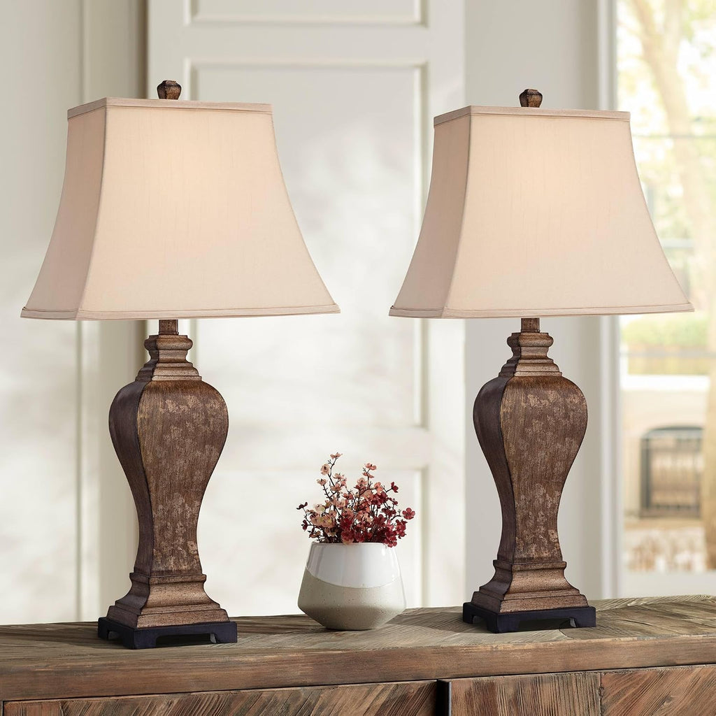 Regency Hill Edgar 29' Tall Urn Traditional Country Cottage Core Farmhouse Rustic End Table Lamps Set of 2 Brown Bronze Finish Living Room Bedroom Bedside Nightstand House Office Fabric Shade