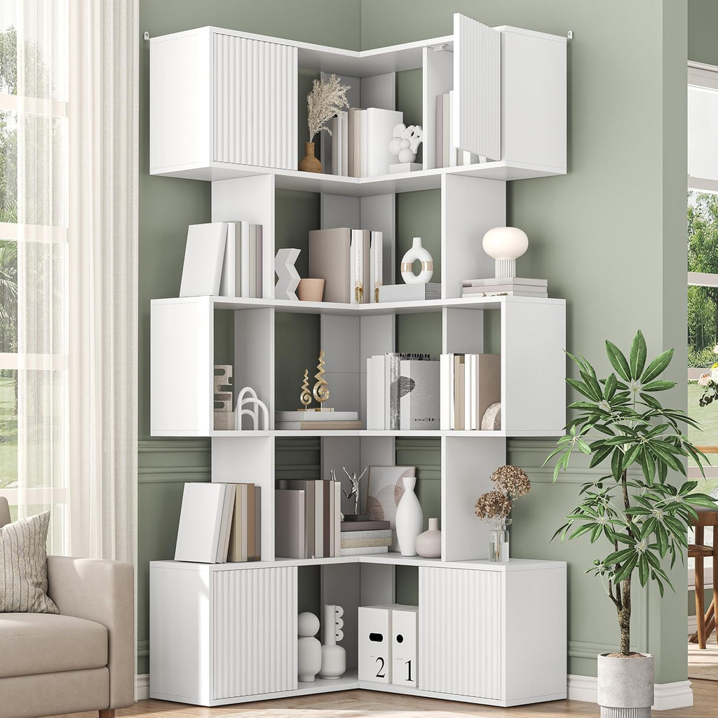 71 inch Corner Bookshelf, 5 Tier Storage Bookcase, L-Shaped Cube Bookshelf, Wood Modern Book Shelf Organizer for Living Room/Home Office/Bedroom Display Unit, White
