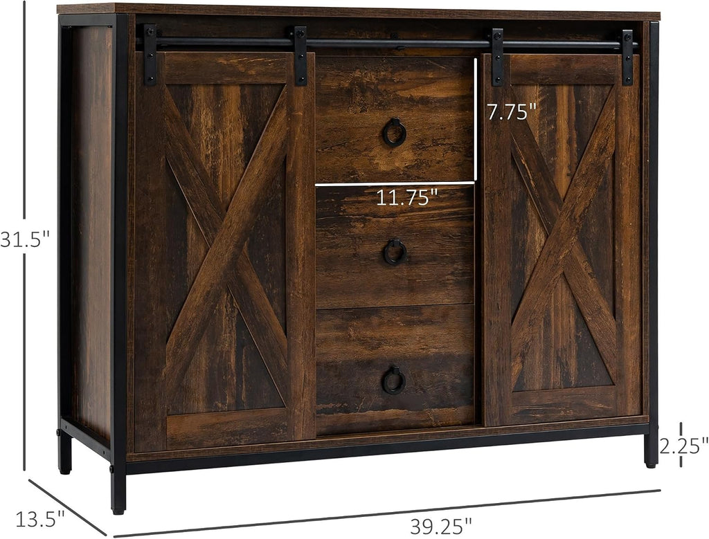 Industrial Farmhouse Buffet Cabinet, Kitchen Sideboard with Sliding Barn Doors, Three Drawers and Adjustable Shelves for Living Room, Dining Room, Rustic Brown ﻿,for The Kitchen
