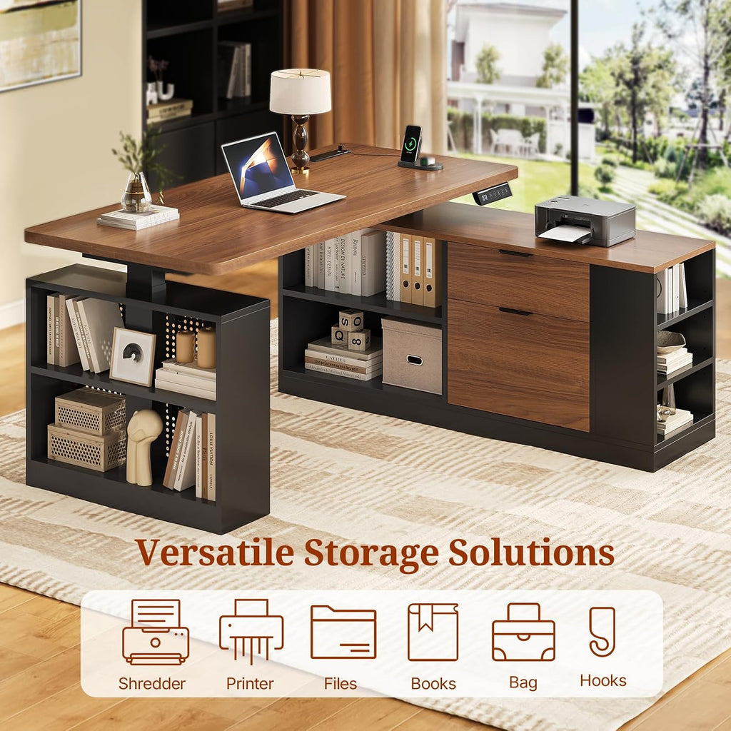 UPOSOJA L Shaped Standing Desk Adjustable Height, 53' Electric Office Desk with File Drawers & Storage Shelves, Sit Stand Corner Computer Desk with Power Outlets, Pegboard, 6 Hooks, Black & Walnut