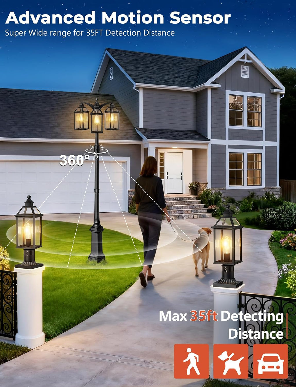 Outdoor Lamp Post Motion Sensor, Dusk to Dawn Pole Lights 3-Head, Classic Black 360°Detection Waterproof Anti-Rust Aluminum Street Lighting for Yard Backyard Patio Driveway