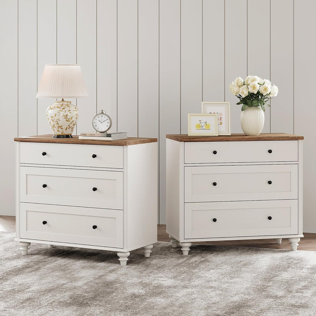 WAMPAT Farmhouse Set of 2 End Table with 6 Drawers, Large Mid Century Modern Wood Bedside Table Night Stand, Wide Sofa Side End Table 6 Drawers for Living Room, Bedroom, White