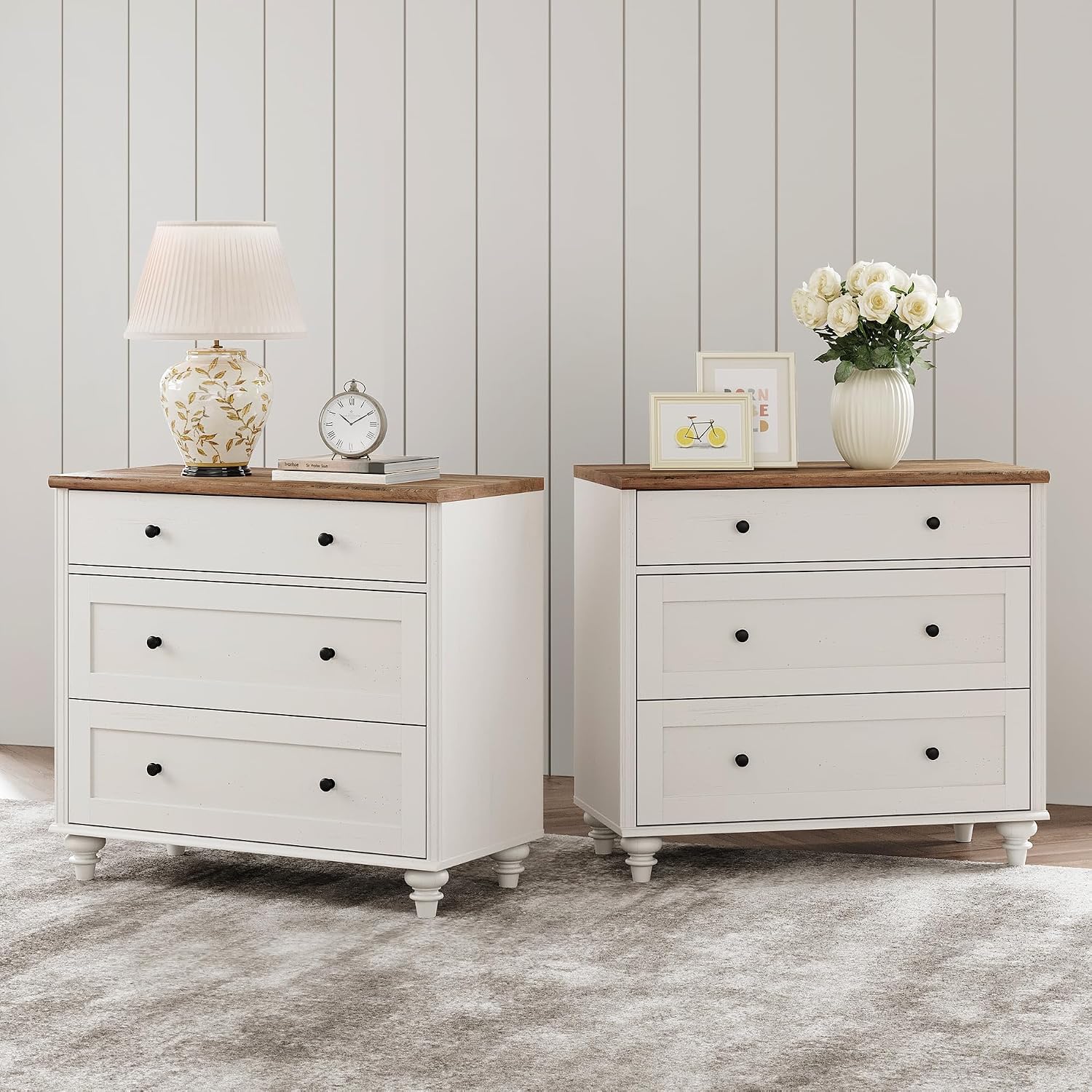 WAMPAT Farmhouse Set of 2 End Table with 6 Drawers, Large Mid Century Modern Wood Bedside Table Night Stand, Wide Sofa Side End Table 6 Drawers for Living Room, Bedroom, White