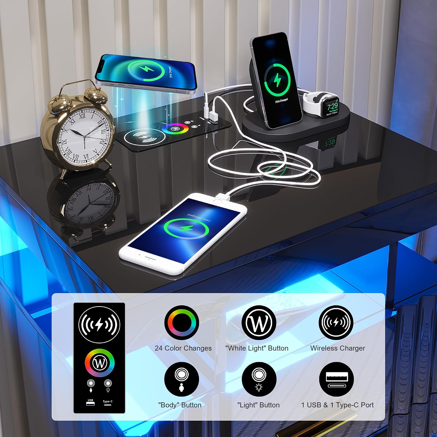 Nightstand with Wireless Charging Station, Bedroom Bedside Table with RGB Lights, Smart Night Stand with 2 Drawers, Bedside Tables Modern Bedside Table for Bedroom, Living Room(Black)