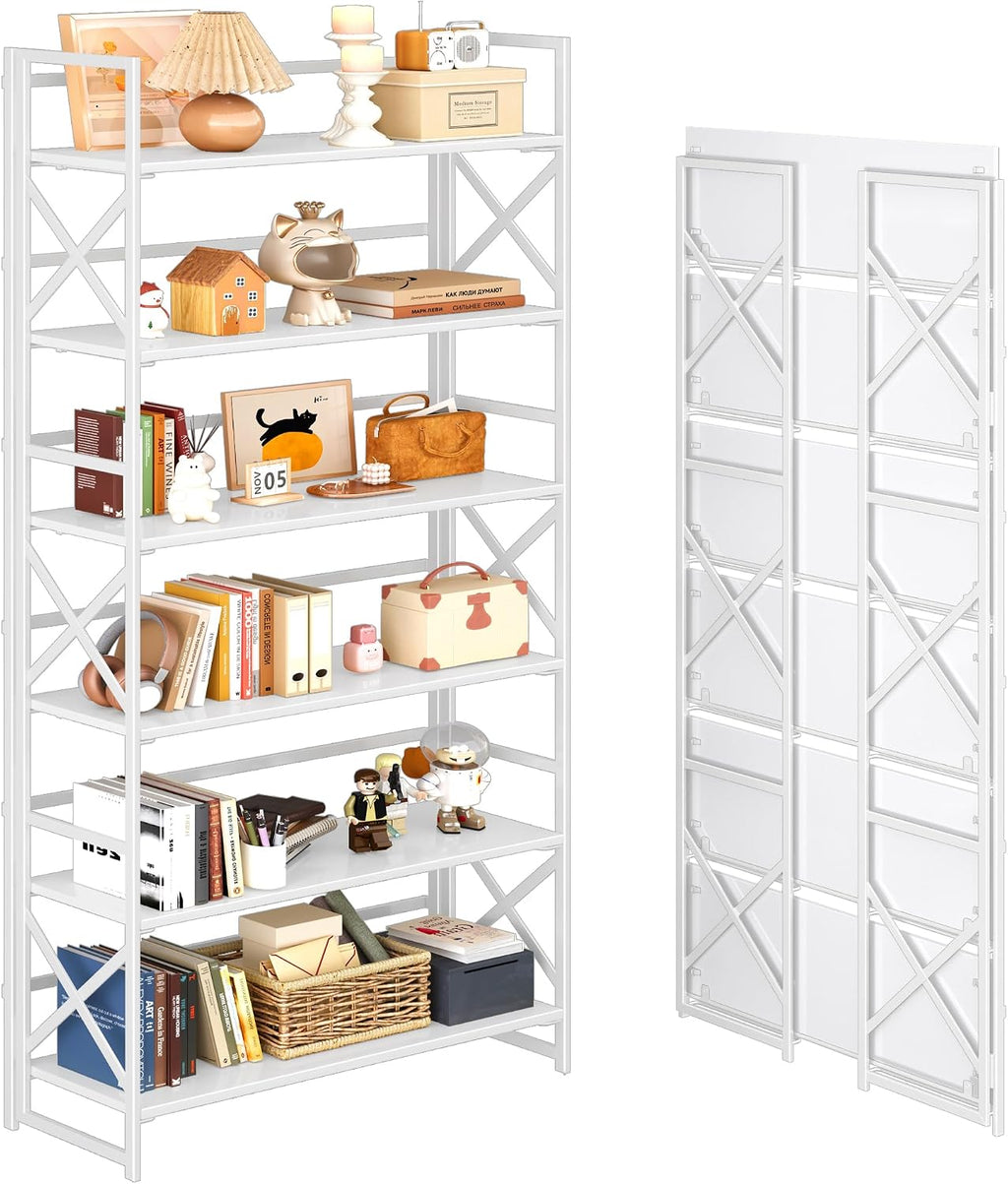 4NM Extra Wide 6 Tiers No Assembly Book Shelves, 61.8' H Folding Bookshelf Bookcase Open Industrial Foldable Shelves for Bedroom, Living Room, Home Office - All White