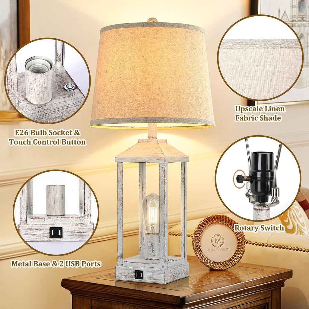 28' Farmhouse Table Lamps for Living Room Set of 2, 3-Way Dimmable Bedside Lamp with USB Ports, White Rustic Touch Control Nightstand Lamps for Bedroom, Modern Desk Lamp for Office, 4 Bulbs Included