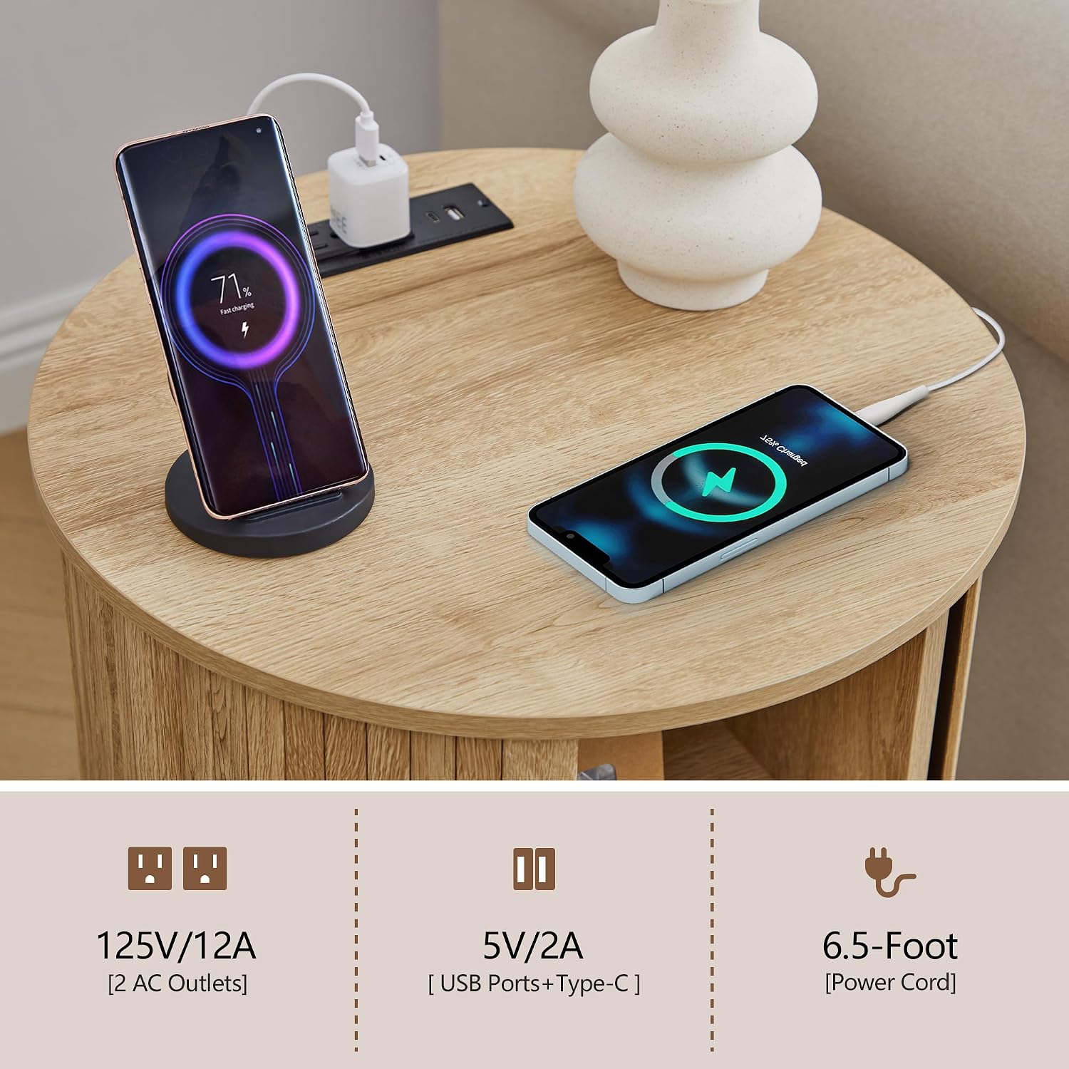 Set of 2 Fluted Round End Table with Charging Station, Small Farmhouse Sofa Side Table with Sliding Tambour Door & Storage, Mid-Century Wood Fulted Nightstands for Living Room, Bedroom (Natural)