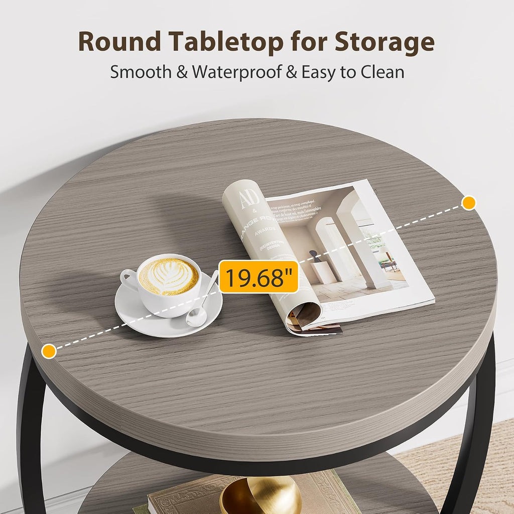 Round End Table Set of 2, 2 Tier Industrial Side Table, Nightstand with Metal Frame, Accent Bedside Table with Storage Shelves for Living Room, Bedroom, Small Spaces, Gray Brown & Black