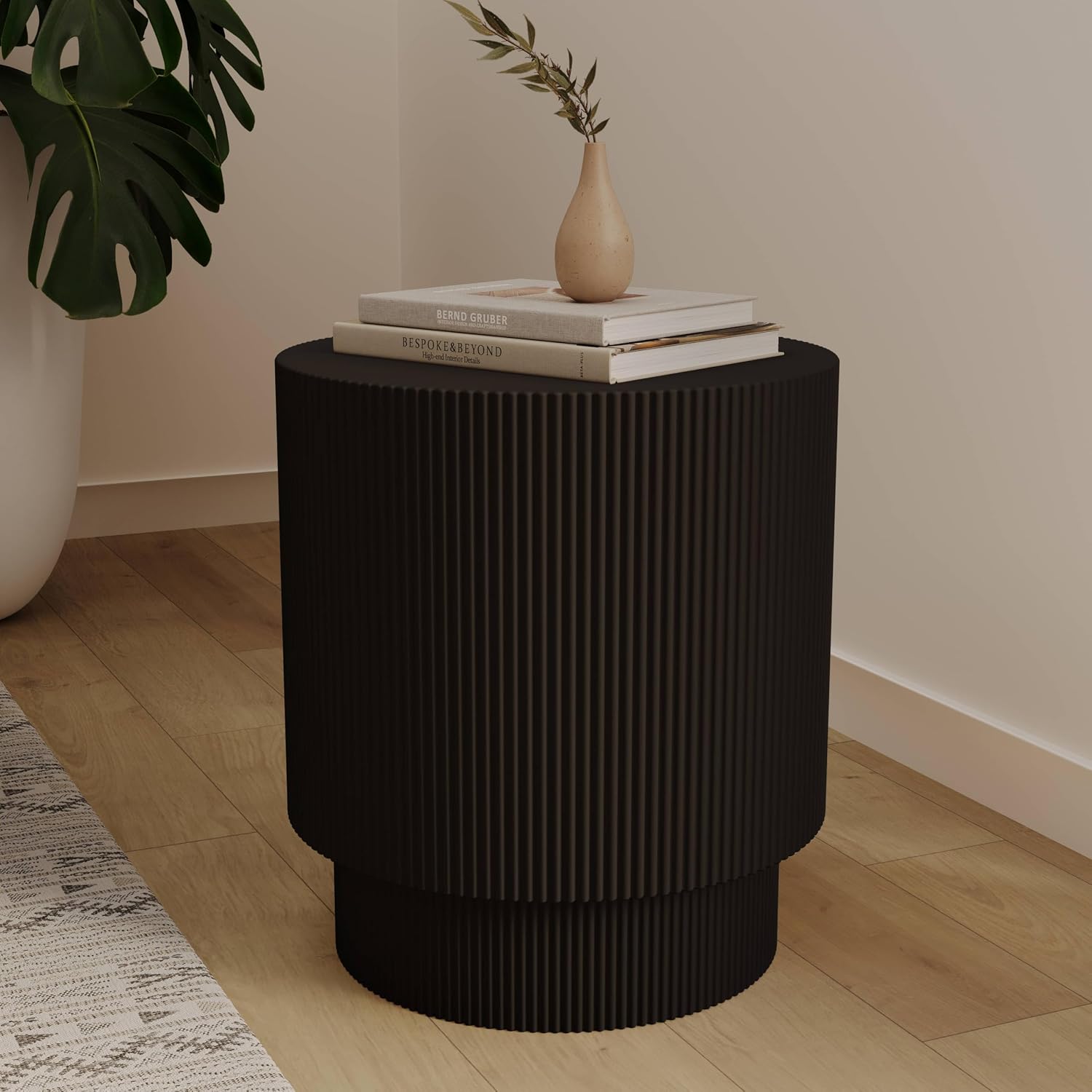 LeisureMod Modern Side Table Round Fiberstone Top Accent End Table for Home, Outdoor Patio, Living Room Sofa, Weather-Resistant, Eden Series in Black