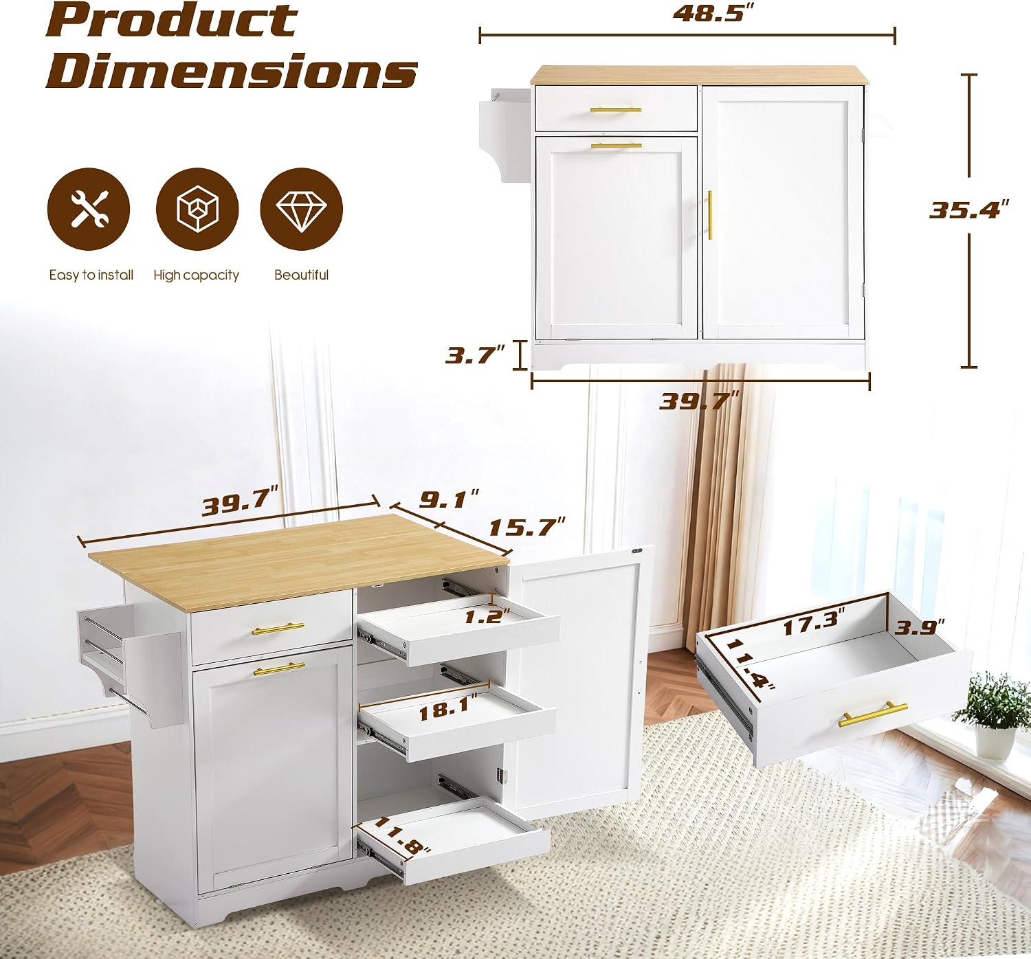 48' Kitchen Island with Trash Can Storage & Drop Leaf, Rolling Kitchen Island Table Cart with Spice/Towel Rack, Portable Kitchen Cabinet Bar Carts on Wheels with Drawer for Dining Room (White)