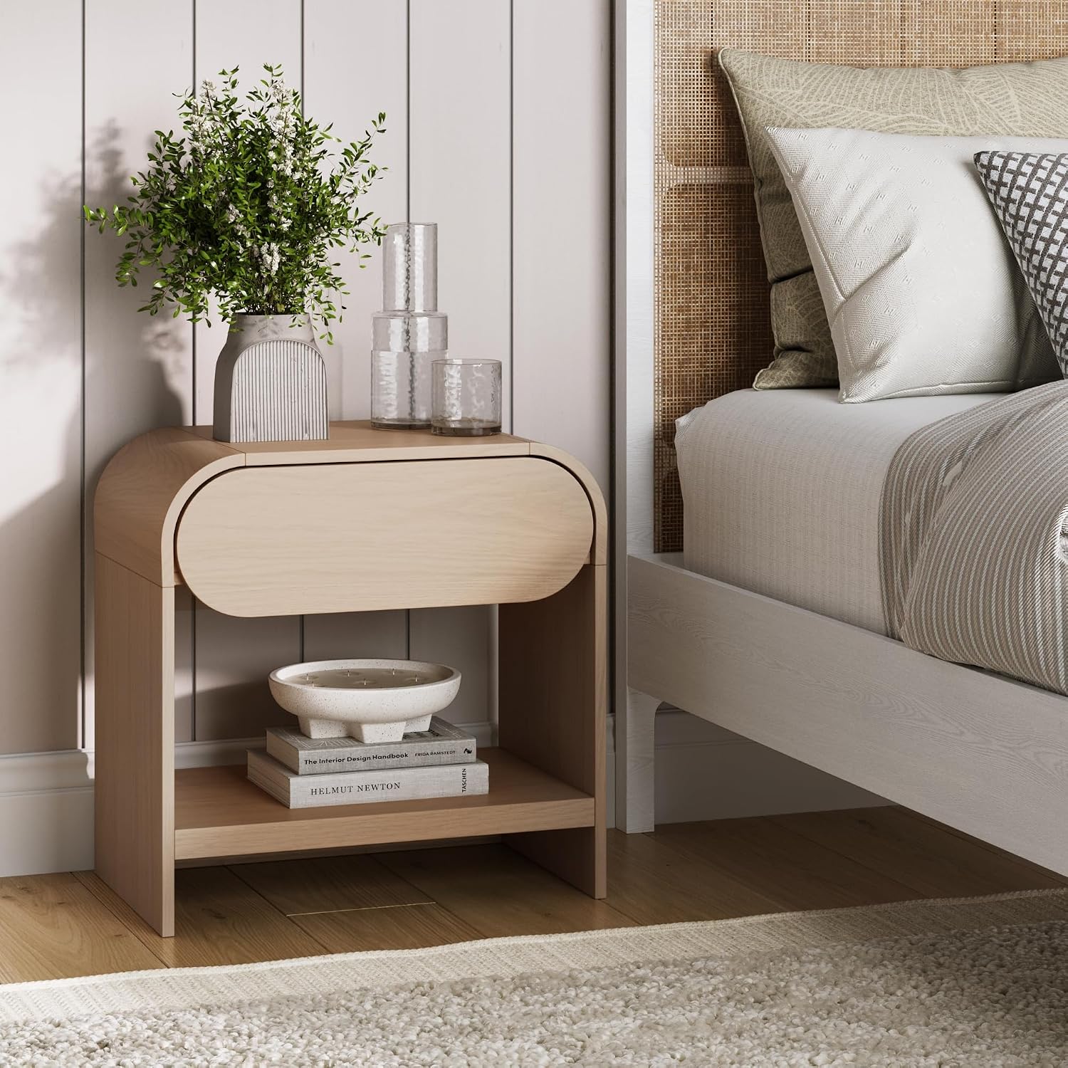 Nathan James Iris Mid-Century Modern Nightstand with Drawer, End Table with Storage for Bedroom or Living Room with Rounded Silhouette, Light Oak