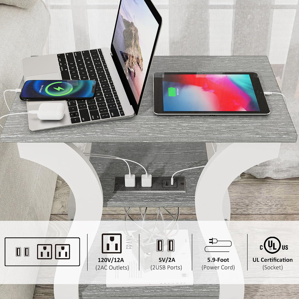 FROMJBEST End Tables Living Room Set of 2,Grey End Table with Charging Station,Grey Side Table, Nightstand for Bedroom, 3 Tier End Table with Storage Shelf for Living Room