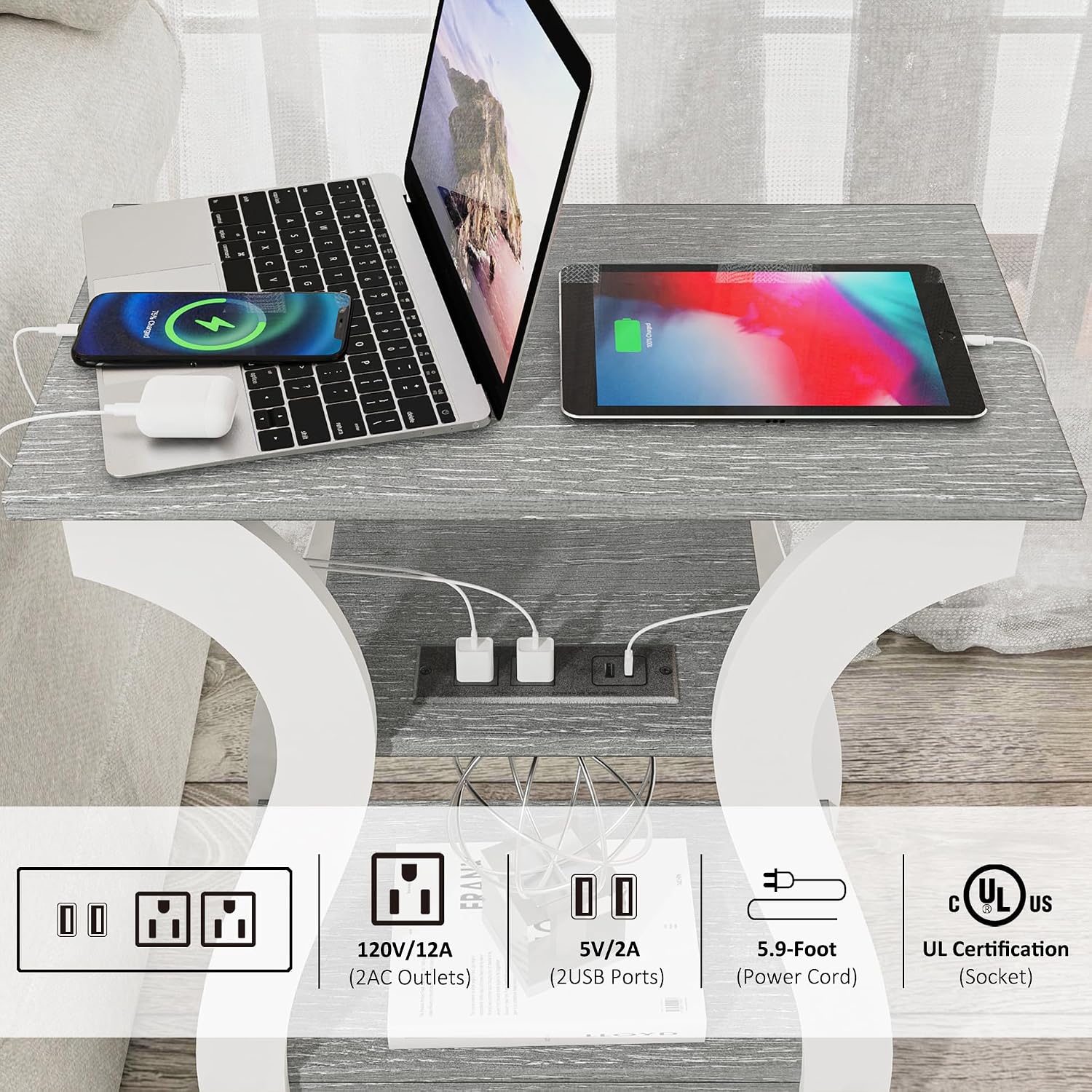 FROMJBEST End Tables Living Room Set of 2,Grey End Table with Charging Station,Grey Side Table, Nightstand for Bedroom, 3 Tier End Table with Storage Shelf for Living Room