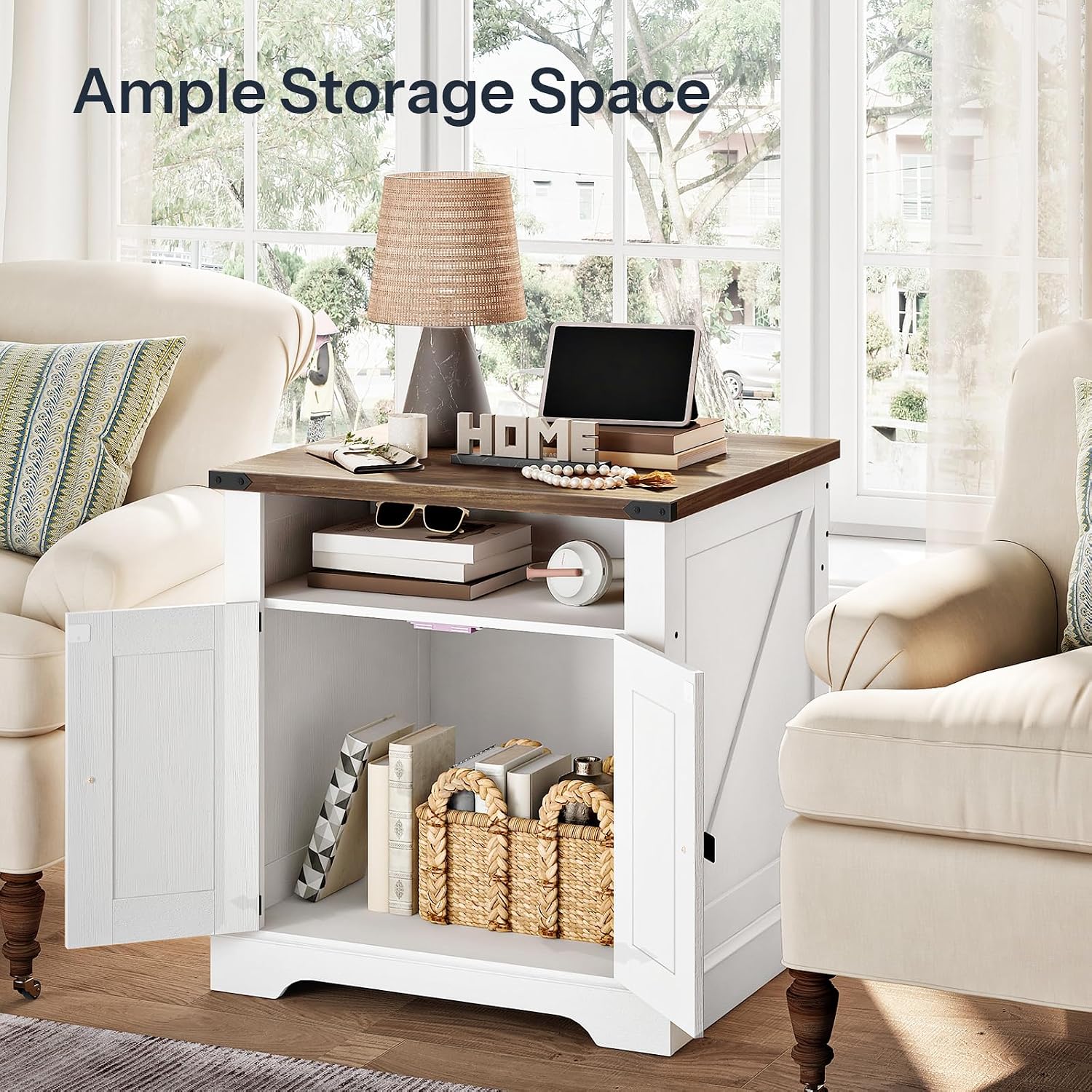 HOOBRO Farmhouse End Tables Set of 2 with Charging Station, 23.6' Large End Table for Living Room, Sofa Side Table with Barn Door, Wooden Square Nightstand Bedside Table, White and Walnut WH601UBZP201
