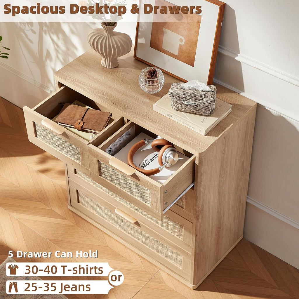 LEYAOYAO Rattan Dresser for Bedroom Set of 2, 33.5' Tall Chest of Drawers, Modern 5 Drawers Boho Dressers with Storage, Light Oak Dresser Wooden Closet Organizer for Living Room, Hallway, Natural Wood