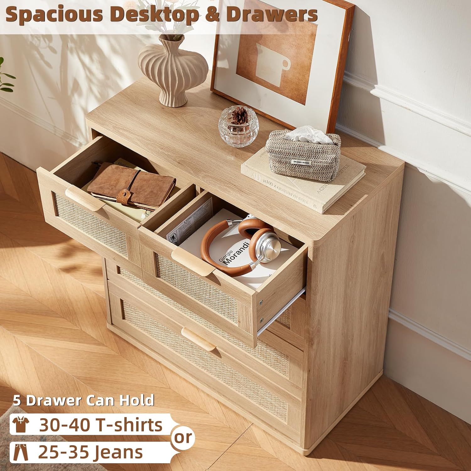 LEYAOYAO Rattan Dresser for Bedroom Set of 2, 33.5' Tall Chest of Drawers, Modern 5 Drawers Boho Dressers with Storage, Light Oak Dresser Wooden Closet Organizer for Living Room, Hallway, Natural Wood