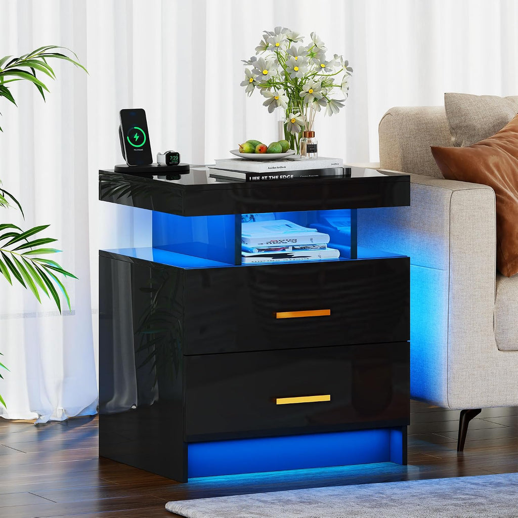 Smart Night Stand with Charging Station, Modern Black Nightstand with 24 Color Lights and 2 Drawers, LED Bedside Tables with Auto Senor,High Gloss End Side Table for Bedroom