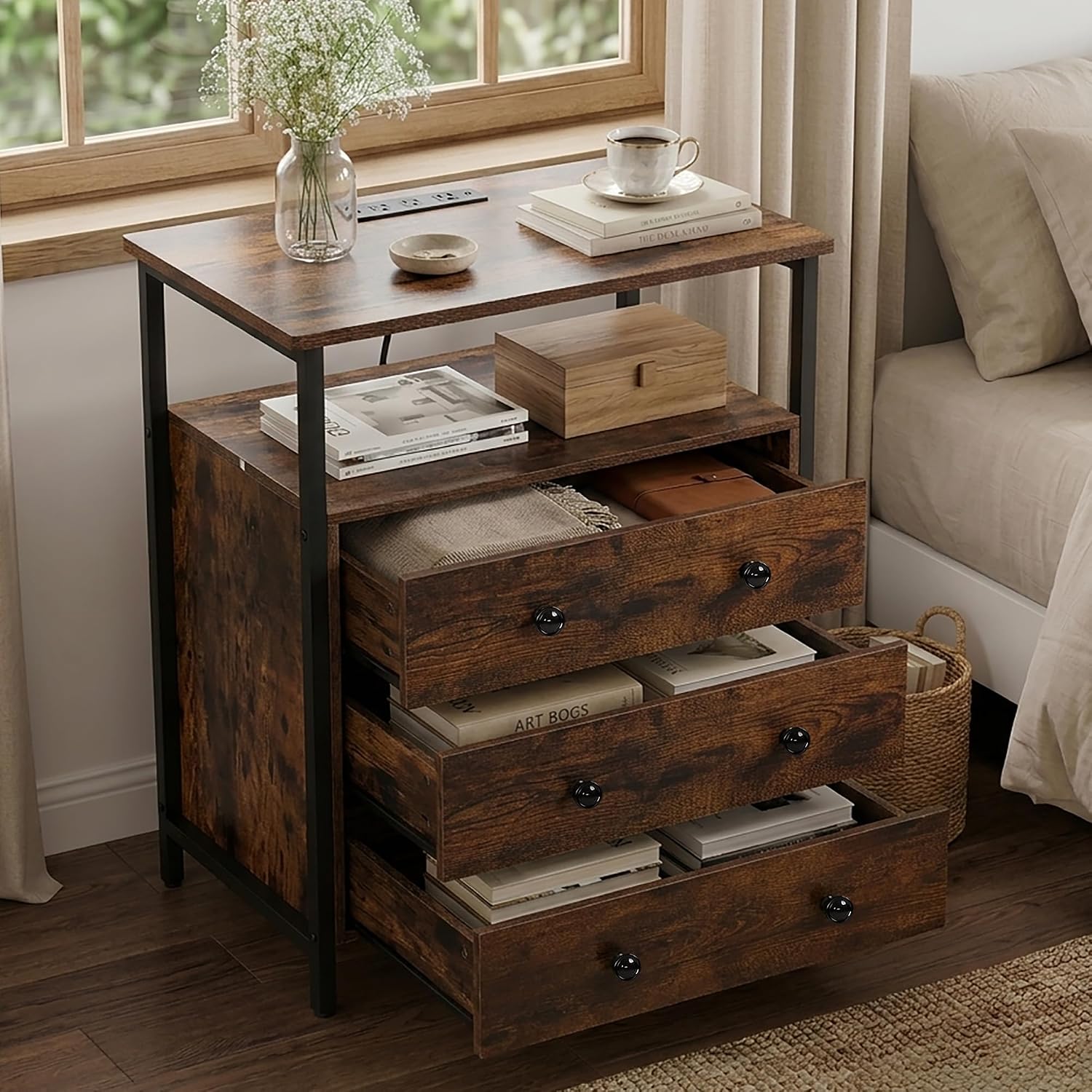 Edbuosy 3 Wooden Drawers Night Stand, 27 Inch Wide Nightstand with Charging Station and Adjustable Drawers, Small Dresser for Closet, Bedside Table for Living Room/Bedroom/Office, Retro Brown.