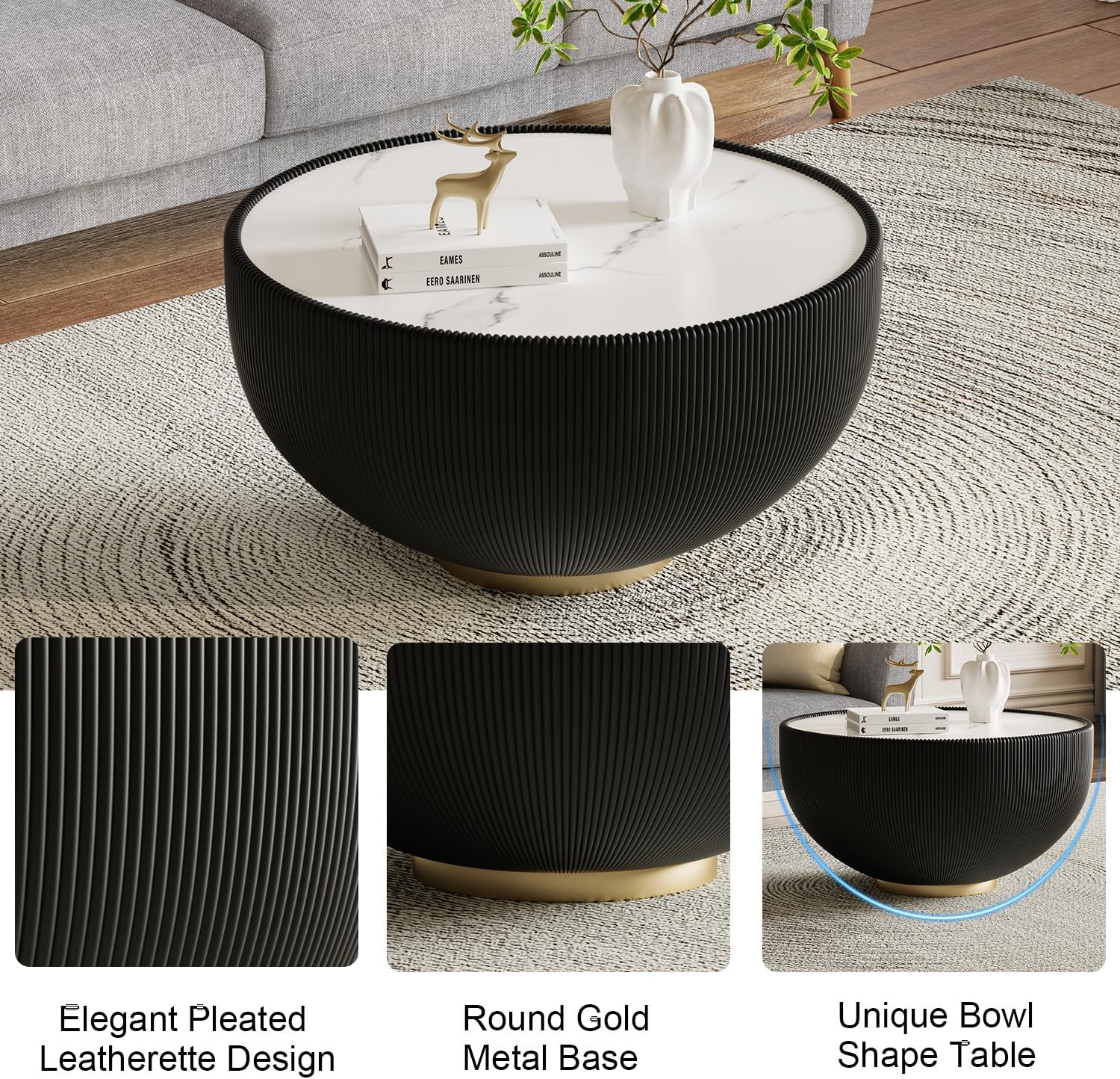 Modern Round Coffee Table Set of 2 Luxury Sintered Stone Top Coffee End Table in Black/Grey Leatherette Creative Bowl-Shape Small Coffee Side End Tables for Living Room,Fully Assembled