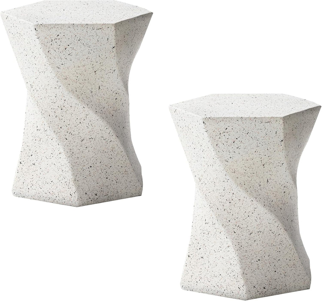 Glitzhome Outdoor Side Table Set of 2, 17.75' H Decorative Garden Stool MGO Twist Faux Terrazzo End Table, Round Planter Stand for Indoor Outdoor Living Room Bedroom Patio Deck Poolside, White