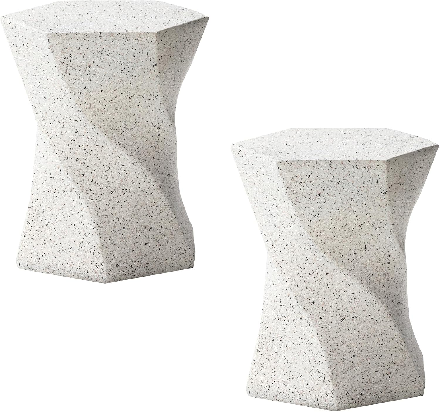 Glitzhome Outdoor Side Table Set of 2, 17.75' H Decorative Garden Stool MGO Twist Faux Terrazzo End Table, Round Planter Stand for Indoor Outdoor Living Room Bedroom Patio Deck Poolside, White