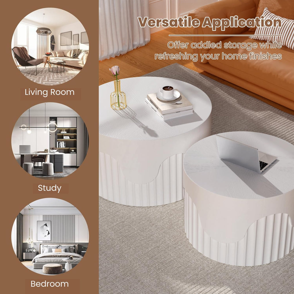 Fluted Round Nesting Coffee Table Set of 2, Modern Unique Circle Coffee Table, Drum Side Tea Table, Space-Saving for Living Room, Bedroom, Balcony, Office, No Assembly (26.77'+19.69' White A)