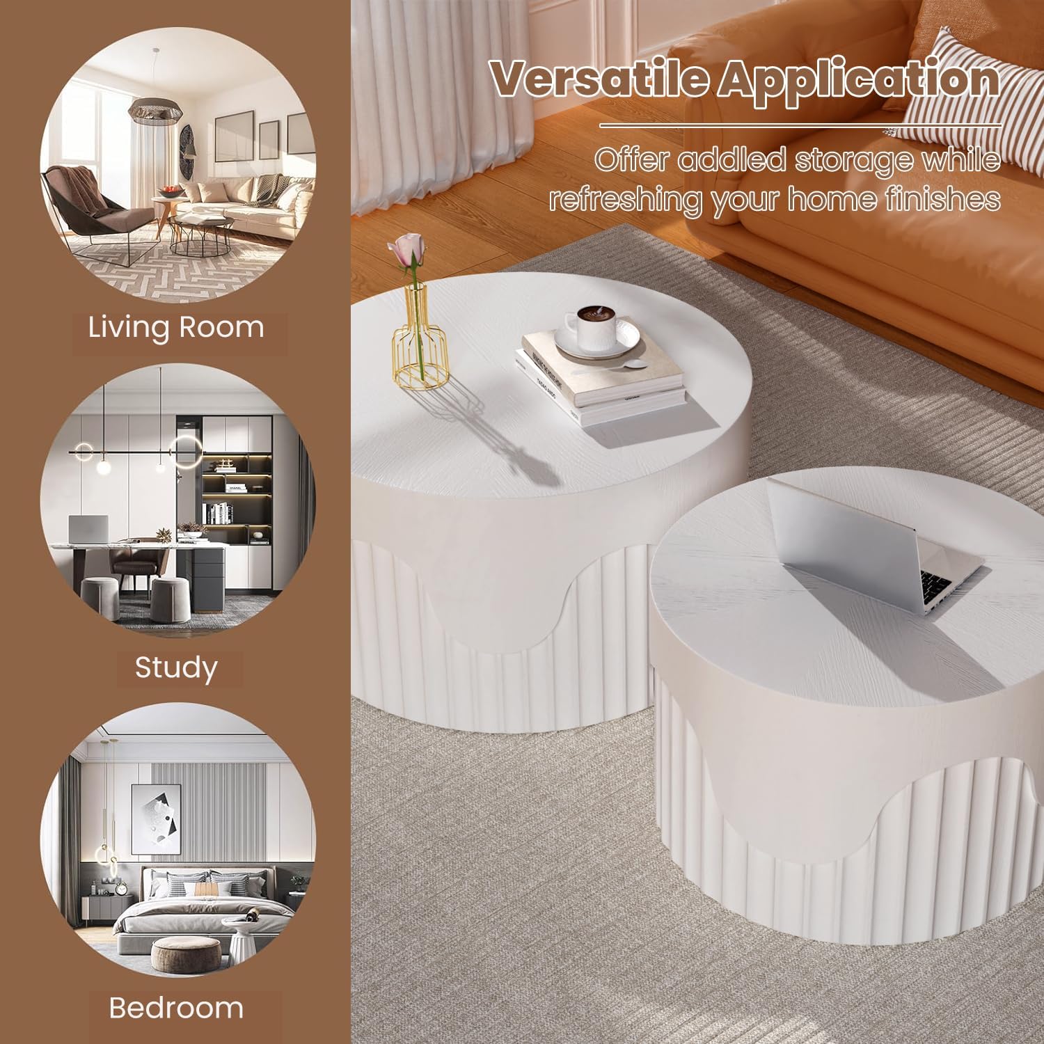 Fluted Round Nesting Coffee Table Set of 2, Modern Unique Circle Coffee Table, Drum Side Tea Table, Space-Saving for Living Room, Bedroom, Balcony, Office, No Assembly (26.77'+19.69' White A)