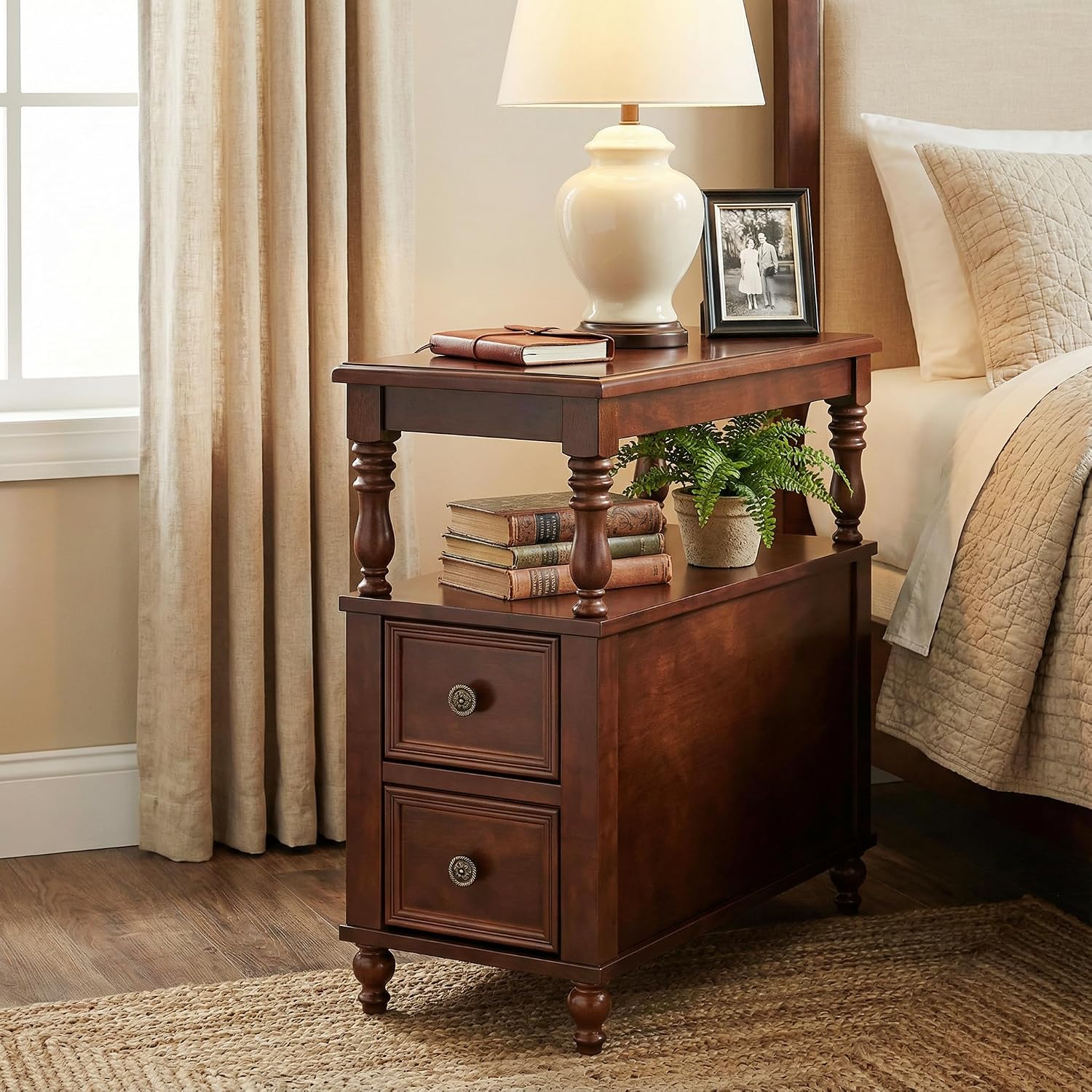 Tribesigns Wood End Table with 2 Drawers, Mid-Century Wooden Slim Side Table Nightstands with Storage Shelf, Accent Table for Living Room, Easy to Assemble (2)