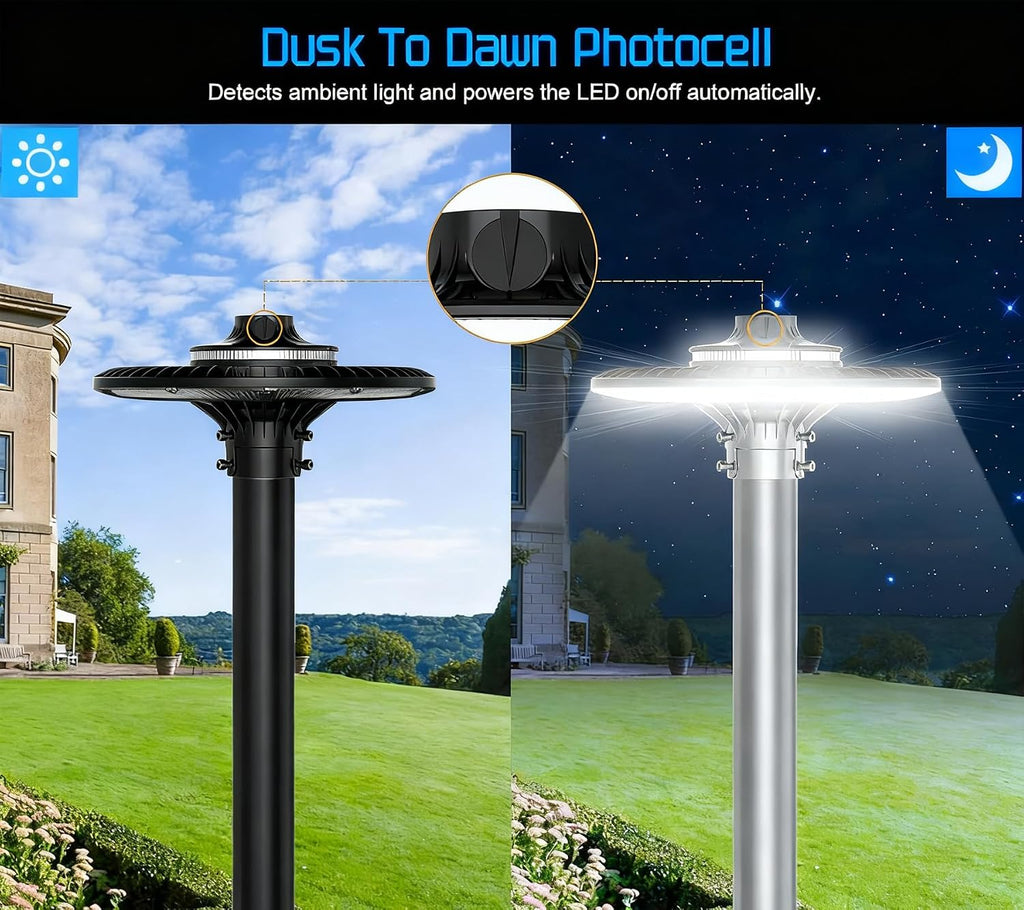 200W/150W/120W LED Post Top Light with Dusk to Dawn Photocell, 28000lm 5000K Circular Area Pole Lights, IP65 Waterproof Outdoor Post Light Garden Pathway Yard Street Lighting UL Listed, AC100-277V