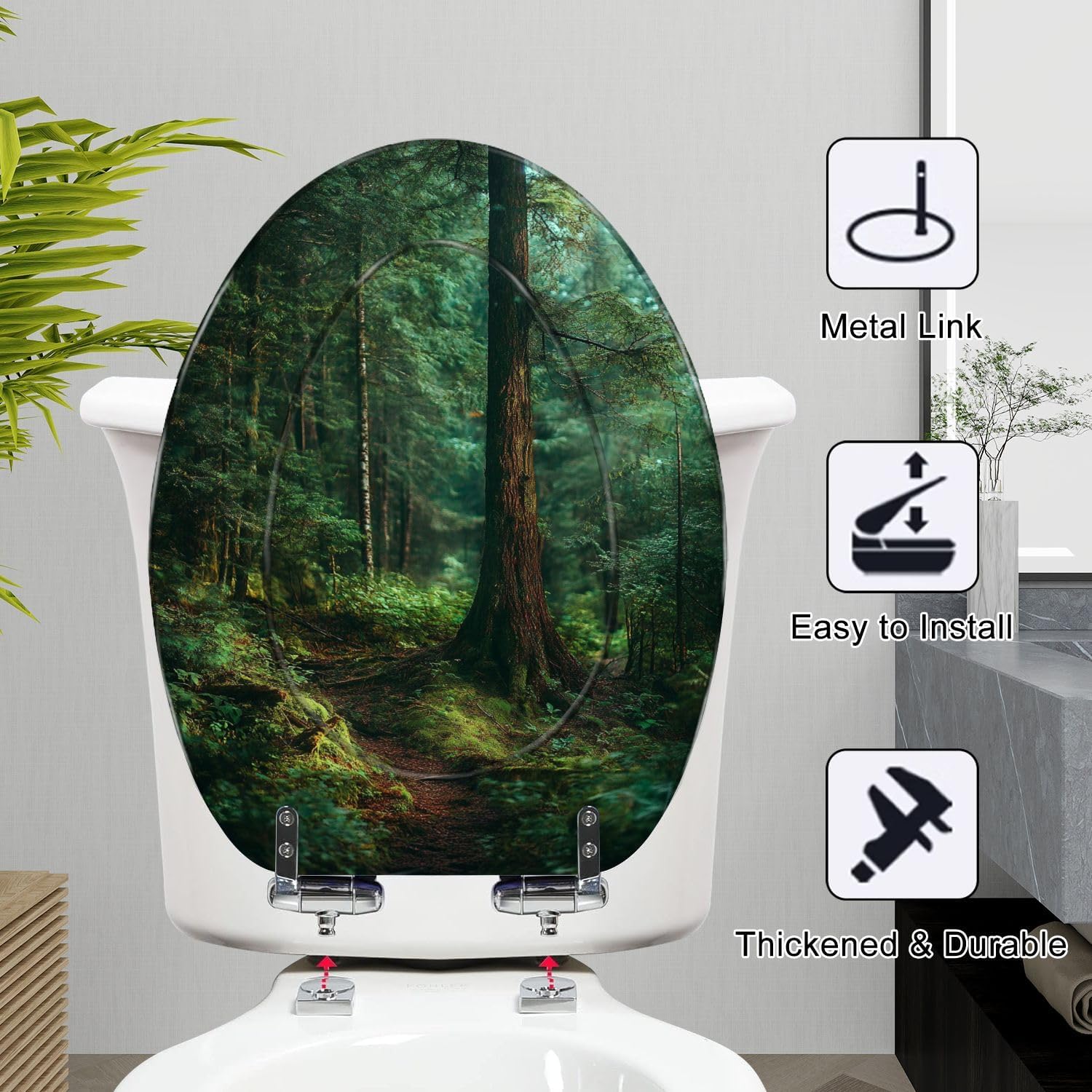 Elongated Toilet Seat Trail dark green forest mossy overgrown Resin Toilet Seat Slow Quiet Close with Quick-Release Hinges Toilet Seat with Cover Easy to Clean Install