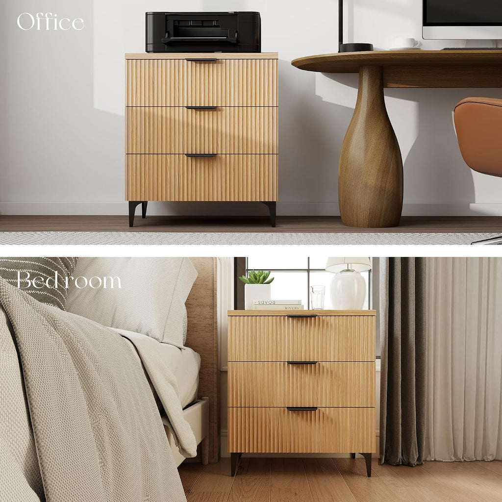 25.6' W Fluted Nightstand with 3 Drawer Dresser, Modern Wood Night Stands Bedside Table for Bedroom King/Queen Bed, End Table with Robot-Friendly Legs for Living Room,Entry (3 Drawers-1pcs-Natural)
