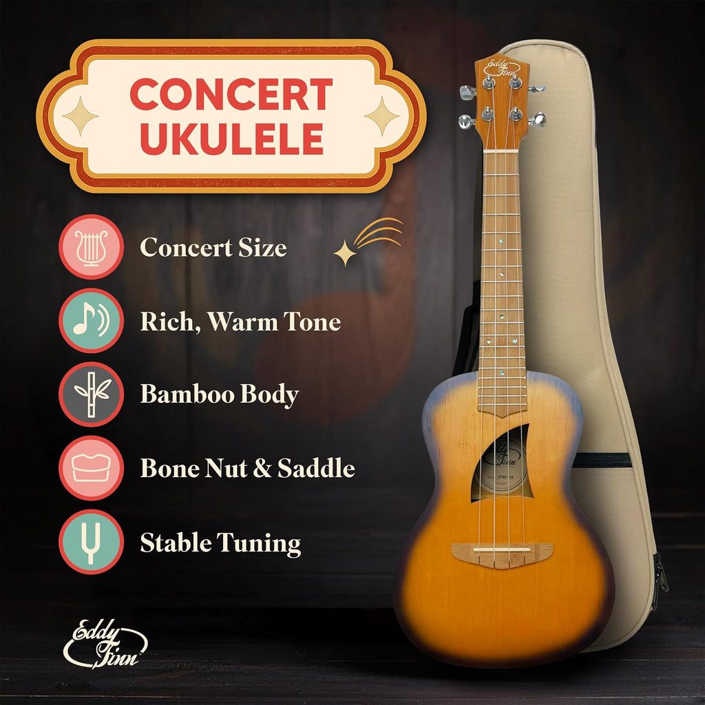 Bamboo Beach Concert Ukulele for Adults, Beginner and Professional Musical Instrument, Travel-Friendly with Gig Bag, Sunburst