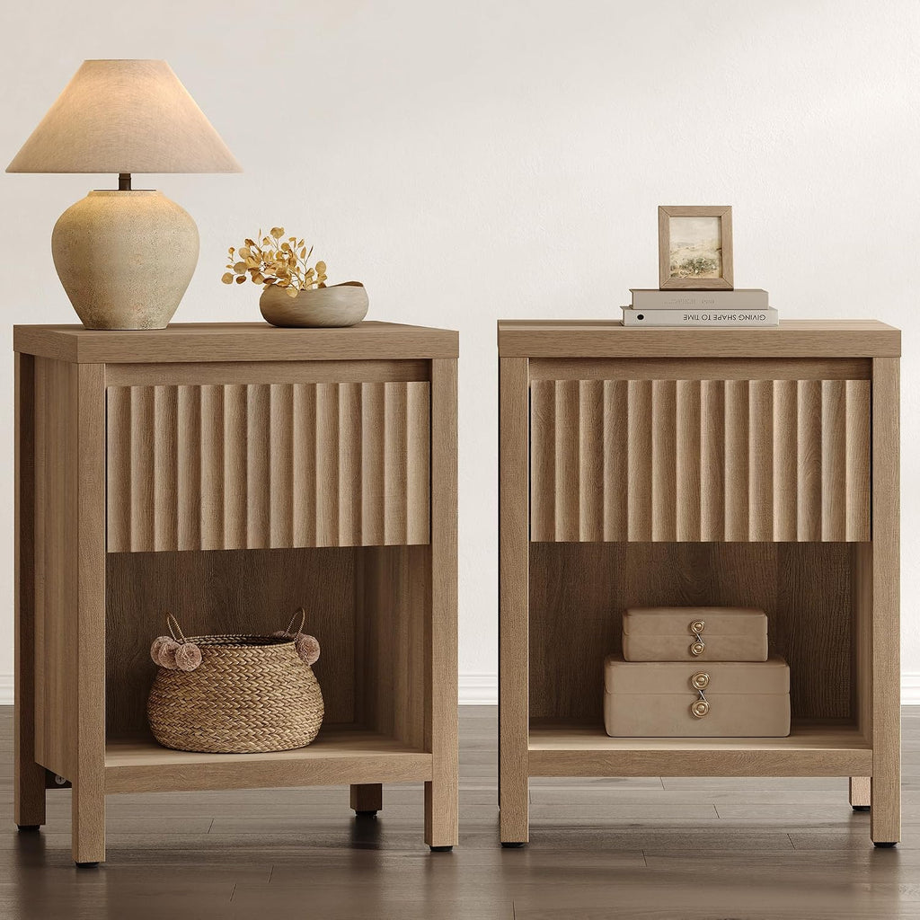 SICOTAS Fluted Night Stand Set of 2, Farmhouse Nightstands with Drawer, Boho Bedside Table with Storage Shelf, Large End Tables Bed Side Tables for Bedroom, Caramel Oak