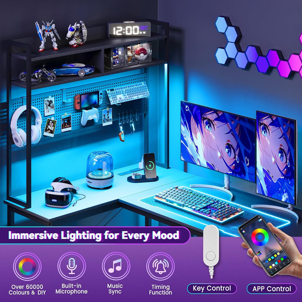 Apicizon L Shaped Gaming Desk 53', Reversible Corner Computer Desk with LED Lights, Carbon Fiber Surface, Pegboard with Hooks, Drawer & PC Tower Stand, USB Charging Port