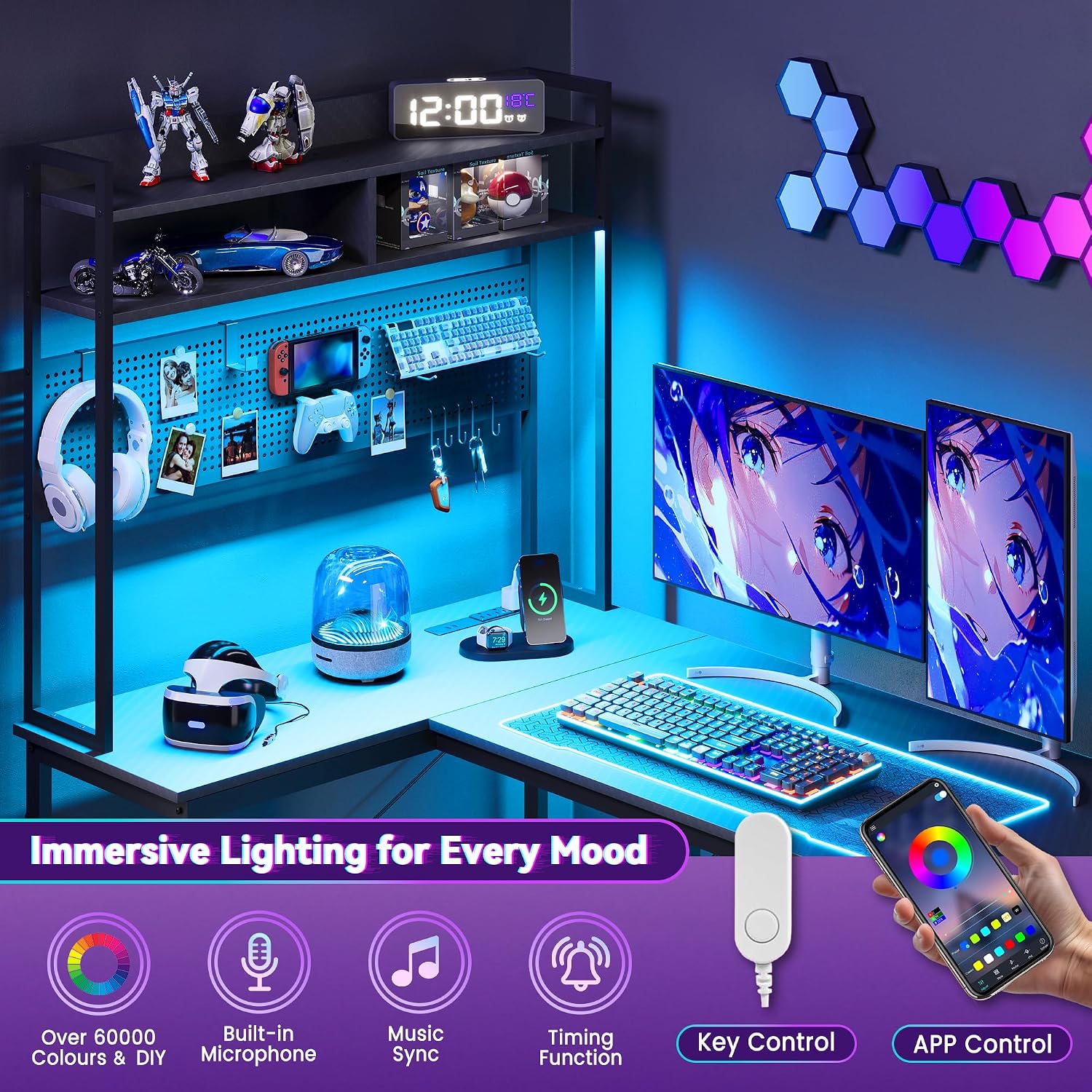 Apicizon L Shaped Gaming Desk 53', Reversible Corner Computer Desk with LED Lights, Carbon Fiber Surface, Pegboard with Hooks, Drawer & PC Tower Stand, USB Charging Port
