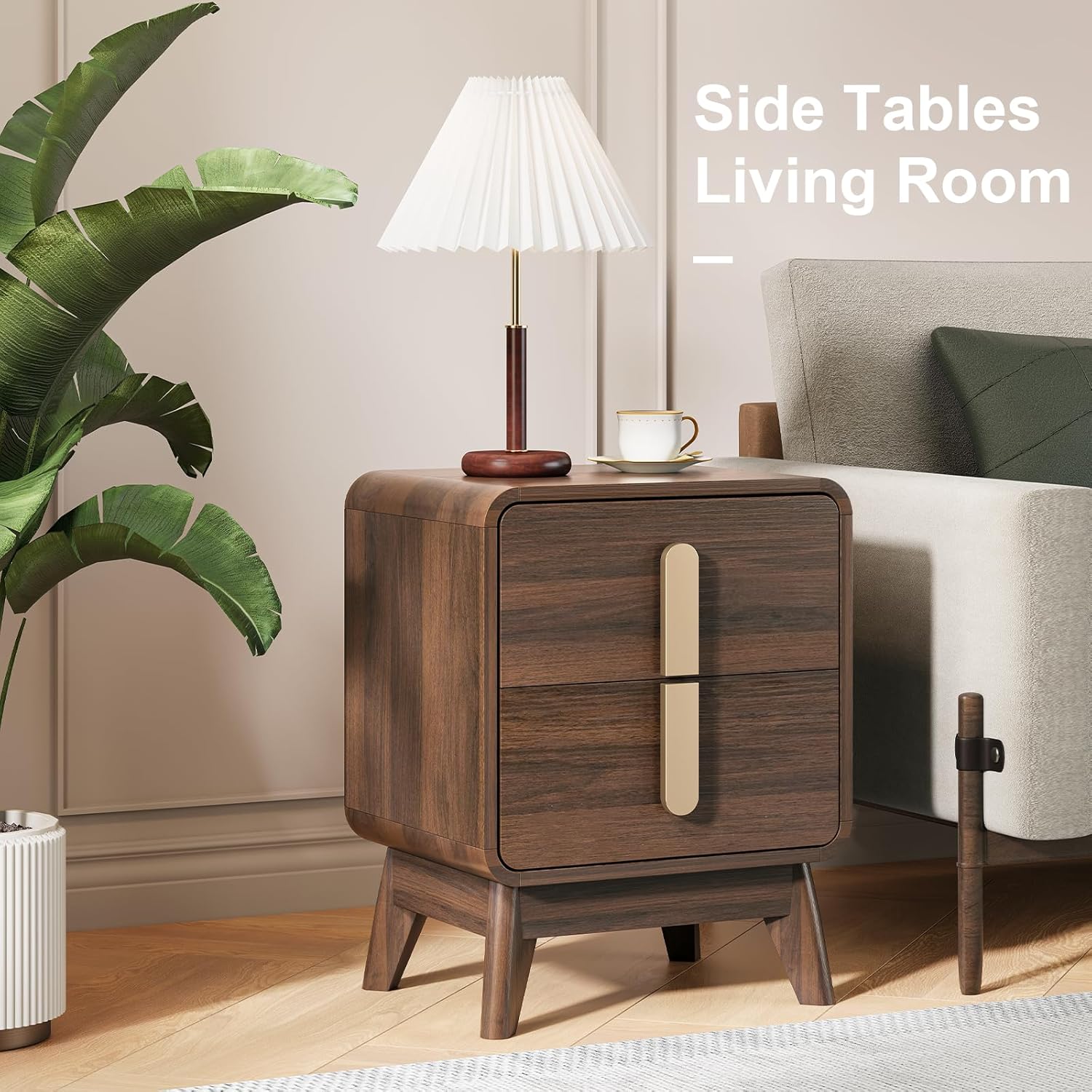 JOINICE, Nightstands Set of 2, Mid Century Modern Nightstand with Drawers, Bedside Tables with Solid Wood Legs, End Side Tables for Bedroom, Small Space,Walnut