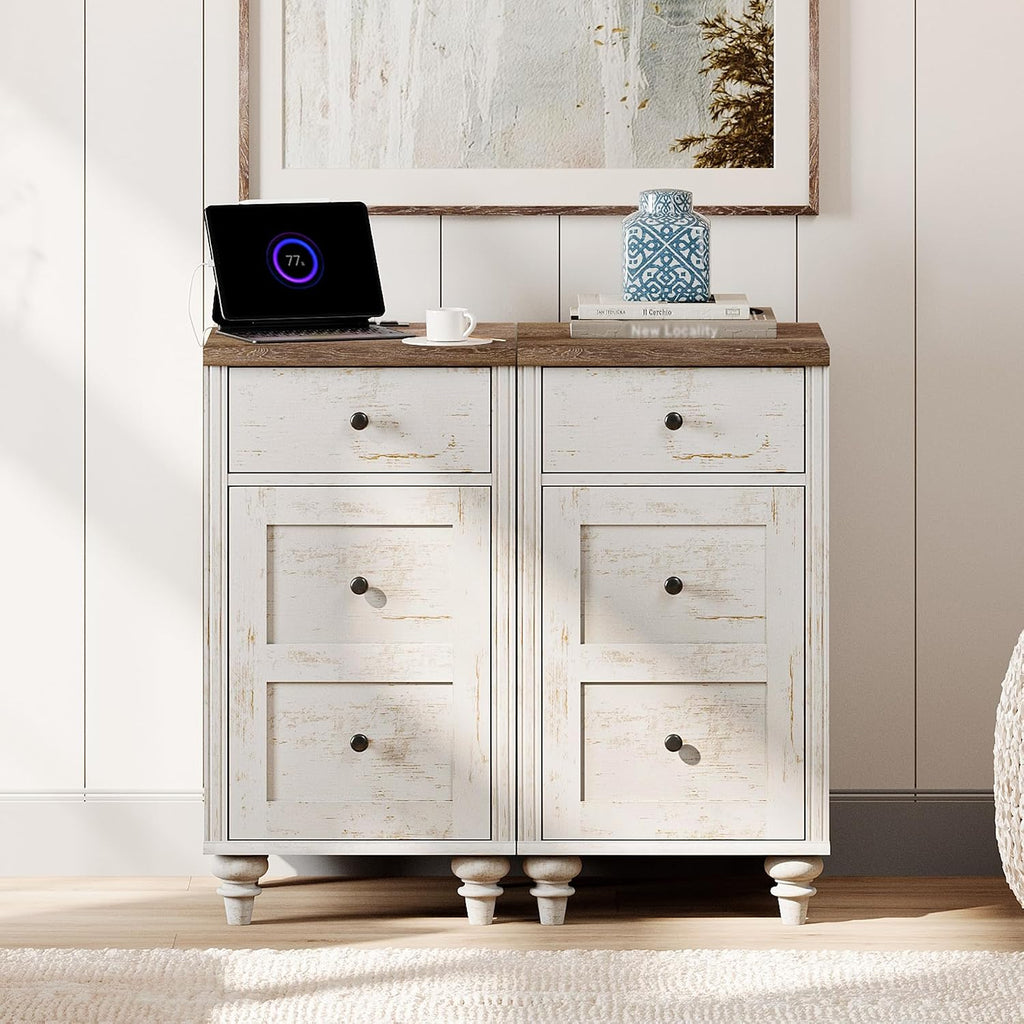 WAMPAT Set of 2 End Table with Charging Station & Power Outlets & USB Ports, Farmhouse Side End Table with Drawer and Storage Cabinet for Bedroom, Rustic White