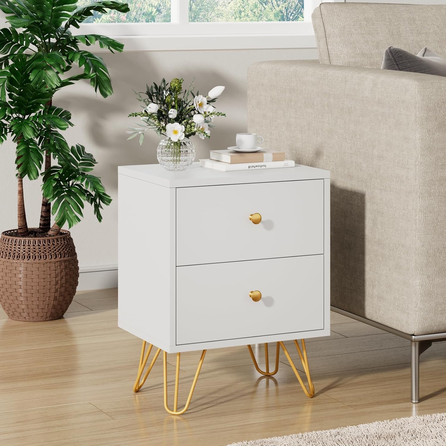 CARPETNAL White Nightstand Set of 2, End Side Table Double, Bedside Table with 2 Drawers, Dual Night Stand Metal Legs for Bedroom Living Room