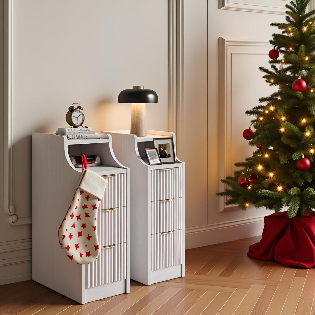 7.9' Narrow Nightstand Set of 2,23.6' Tall Fluted Bedside Table Set of 2, Slim Side End Table with 3 Drawers, Wooden Bedside Table, White Wood Night Stand for Bedroom Livingroom Sofa Office