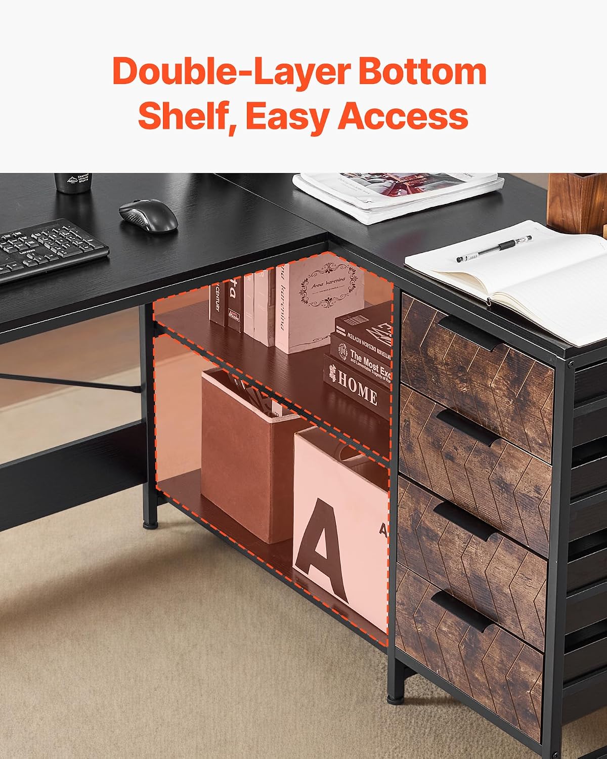 VEVOR L-Shaped Computer Desk, 59-inch Reversible Corner Gaming Desk with Drawers & Storage Shelves, Modern Stylish PC Table Sturdy Work Workstation for Home Office - Easy to Assembly