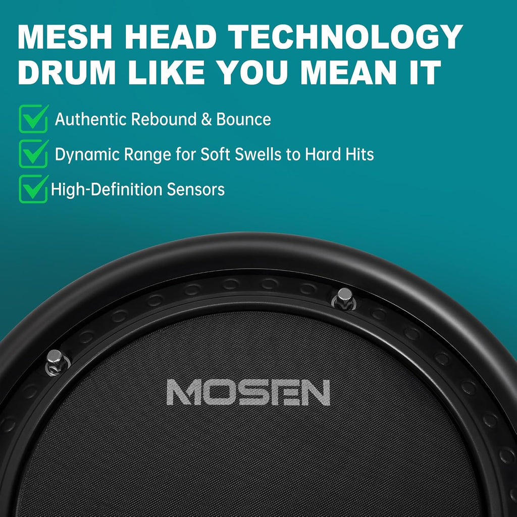 MOSEN MED-X5 Electric Drum Set Mesh Drum Pads, Phone Holder, Sticks, Adjustable cymbals, Kick drum, Headphones, USB MIDI, 260+ Sounds and 30 Drum Kits for Beginner
