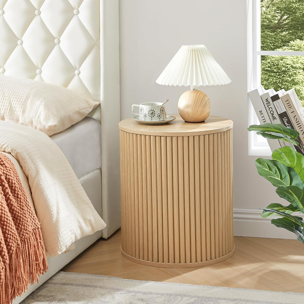 Round Fluted Side Table Set of 2, 15.7' Mid-Century Modern End Table with Storage, Wooden Bedside Table Round Nightstand Small Circle Sofa Accent Table for Living Room, Bedroom (Natural)